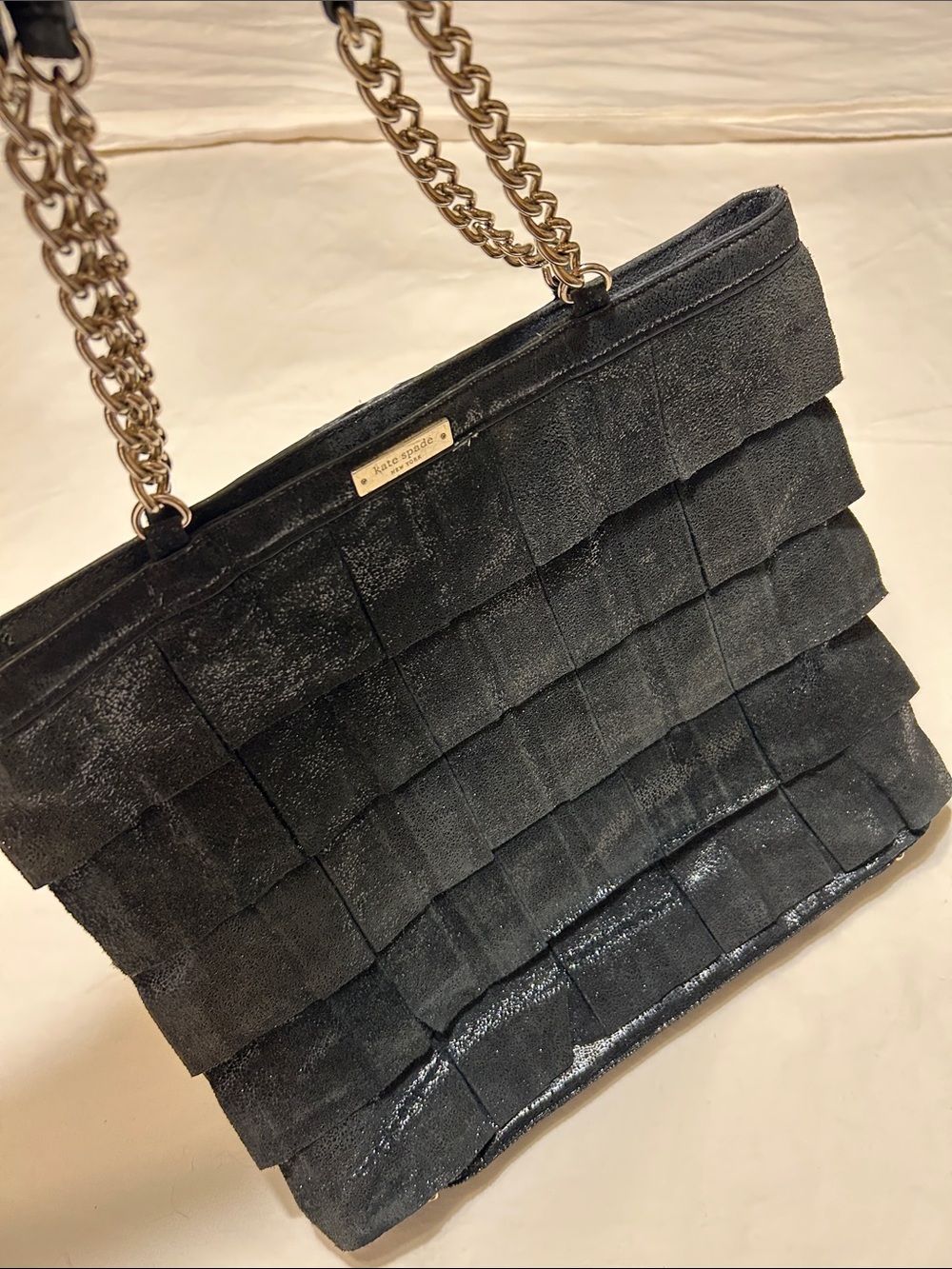 kate spade Black Suede Woven Flap Shoulder Bag with Gold Chain